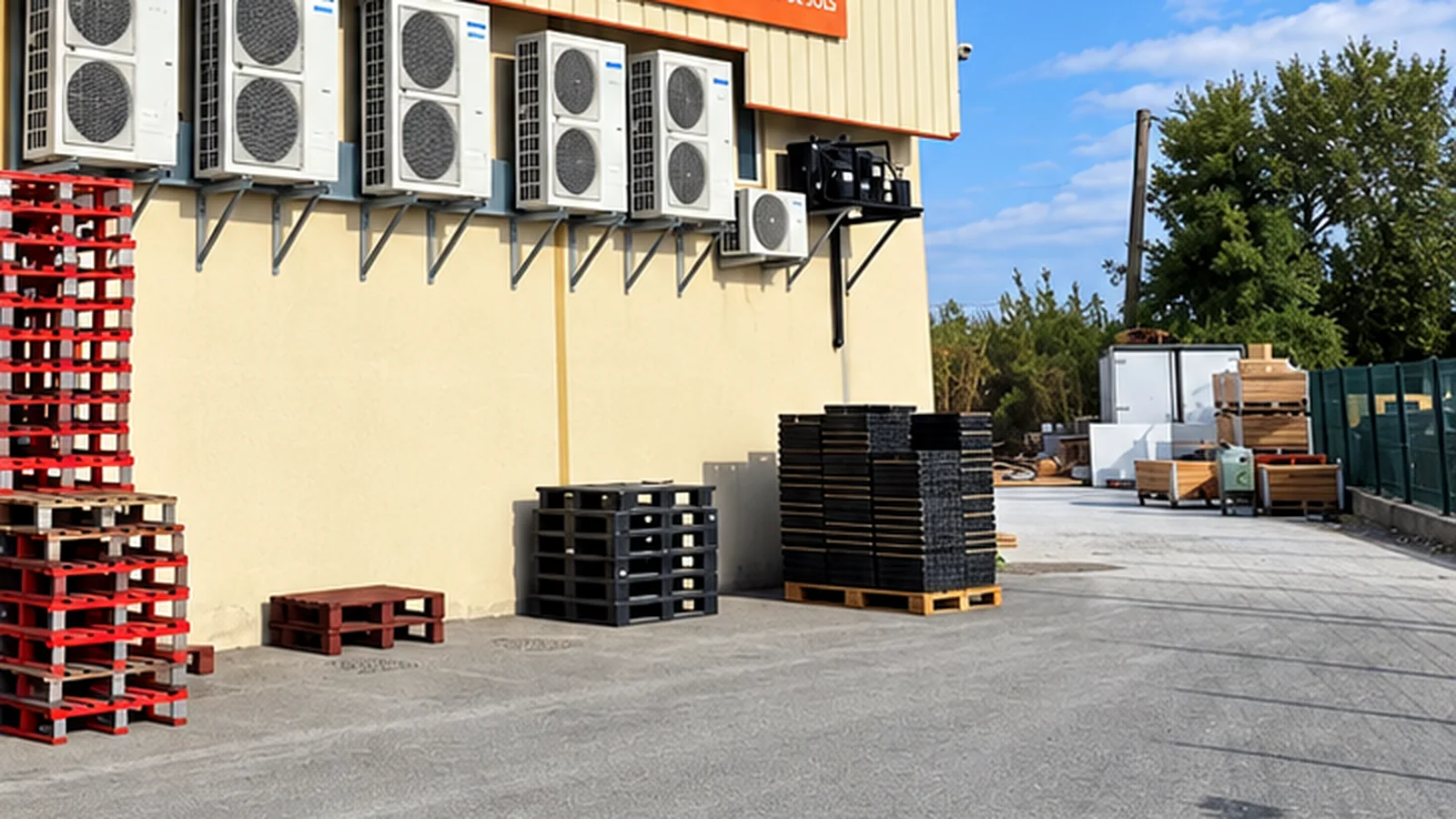 Six unités extérieures de pompes à chaleur air/air posées sur la façade d'un commerce, chantier ENERGY CO (fiche BAT-TH-158).